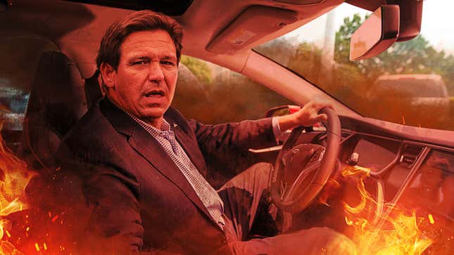 Image for article titled Ron DeSantis Relaunches Presidential Campaign From Burning Tesla